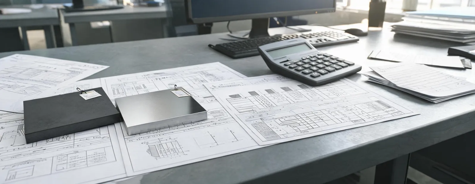 Material data sheets and steel samples ready for quote review